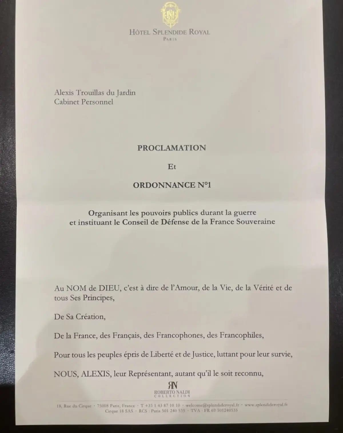 Proclamation et Ordonnance